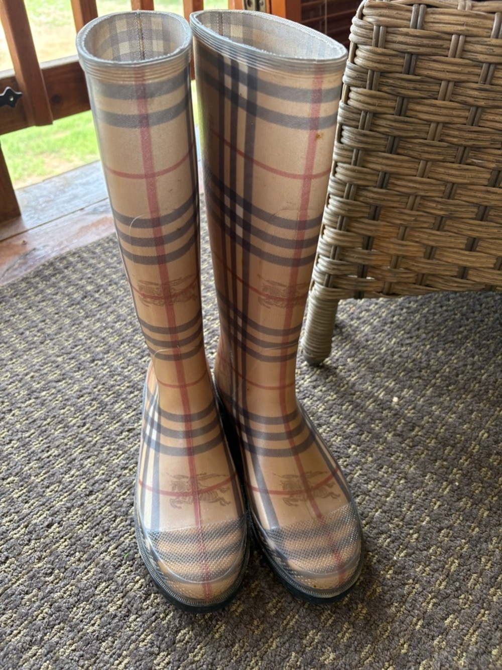 Burberry Beige Plaid Tall Rain Boots with Black Trim - Picture 2 of 5
